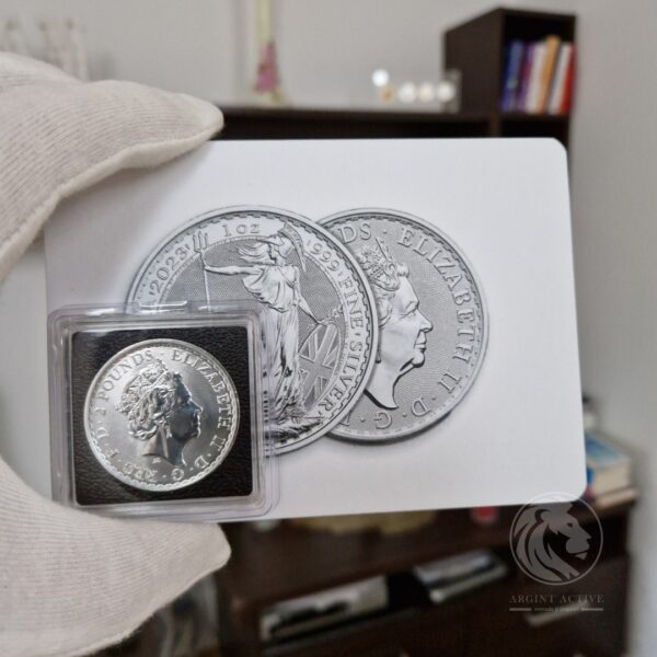 Moneda argint Britannia 2023 Regina Elisabeta capsula impotriva oxidarii